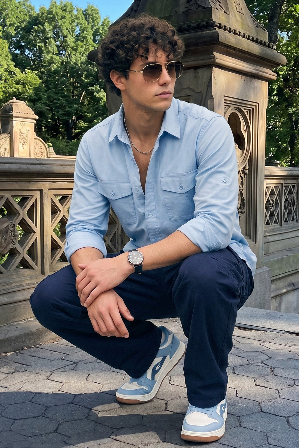 Sky Blue Plain Relaxed Fit Full Sleeve Dual Pocket Utility Exclusive Shirt
