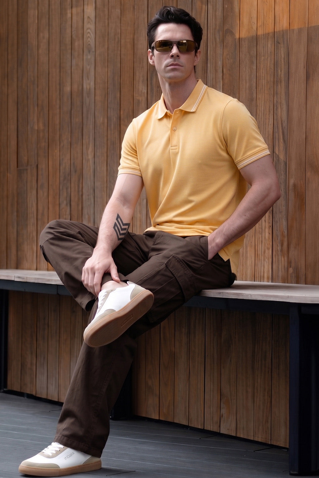 Yellow Bird Eye Pique Stripe Collar Regular Fit Tipping Polo T-shirt