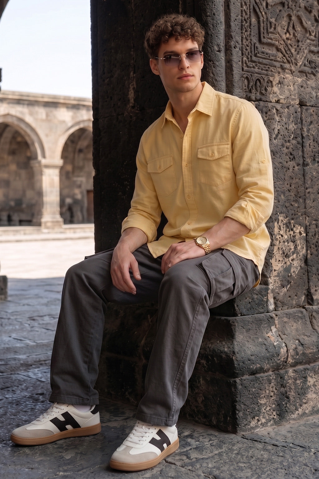 Double Cream Plain Relaxed Fit Full Sleeve Dual Pocket Utility Exclusive Shirt