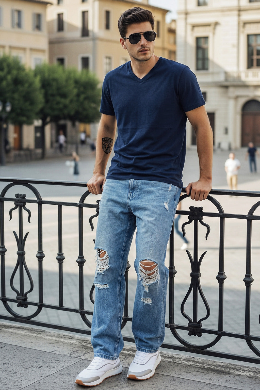 Navy Plain V-Neck Regular Fit T-shirt