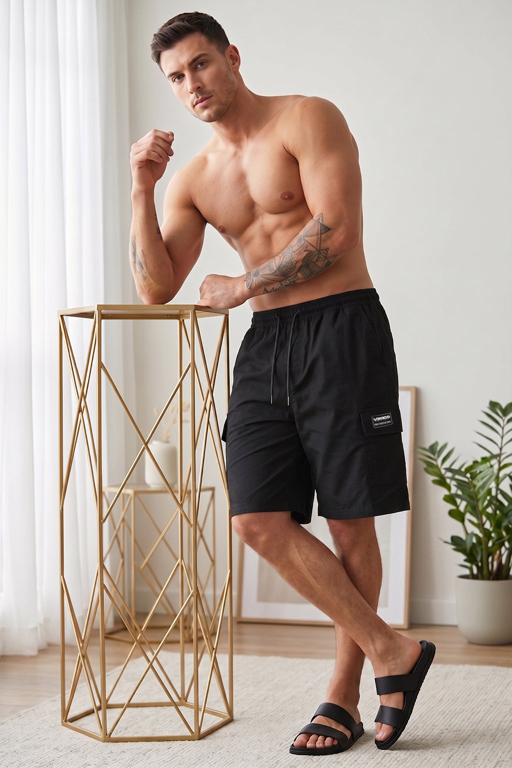 Veirdo Black Minimal Cargo Shorts with Drawstring