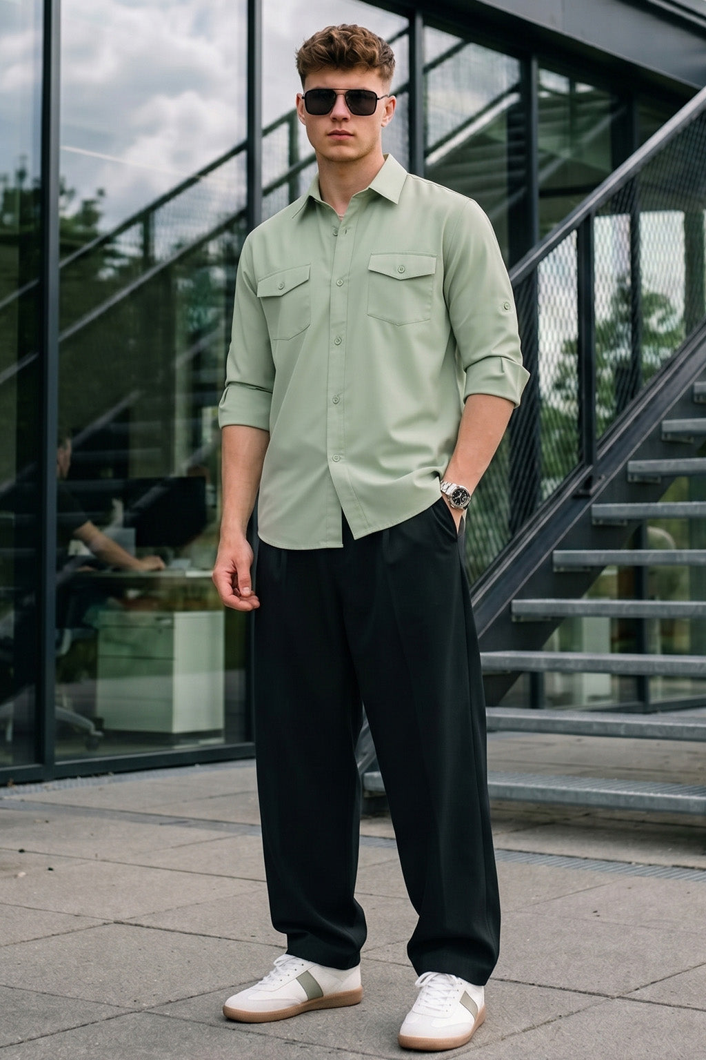 Smoke Green Plain Relaxed Fit Full Sleeve Dual Pocket Utility Exclusive Shirt