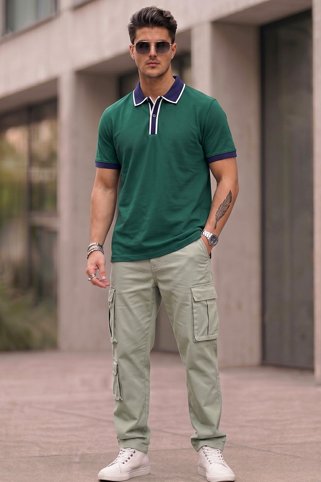Green Tipped Regular Fit Exclusive Pique Lycra Polo T-Shirt