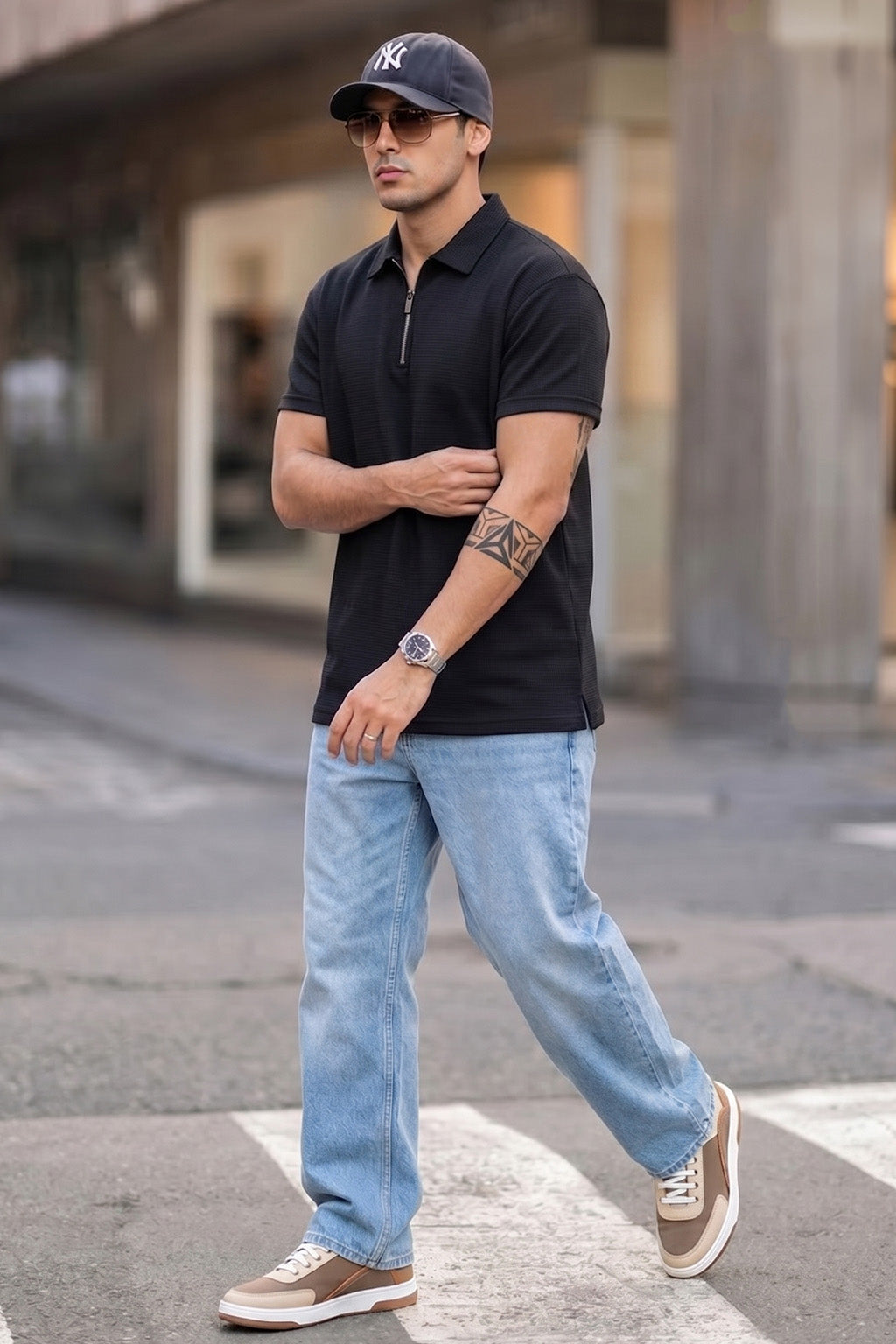 Black Plain Fortec Exclusive Zipper Polo T-Shirt