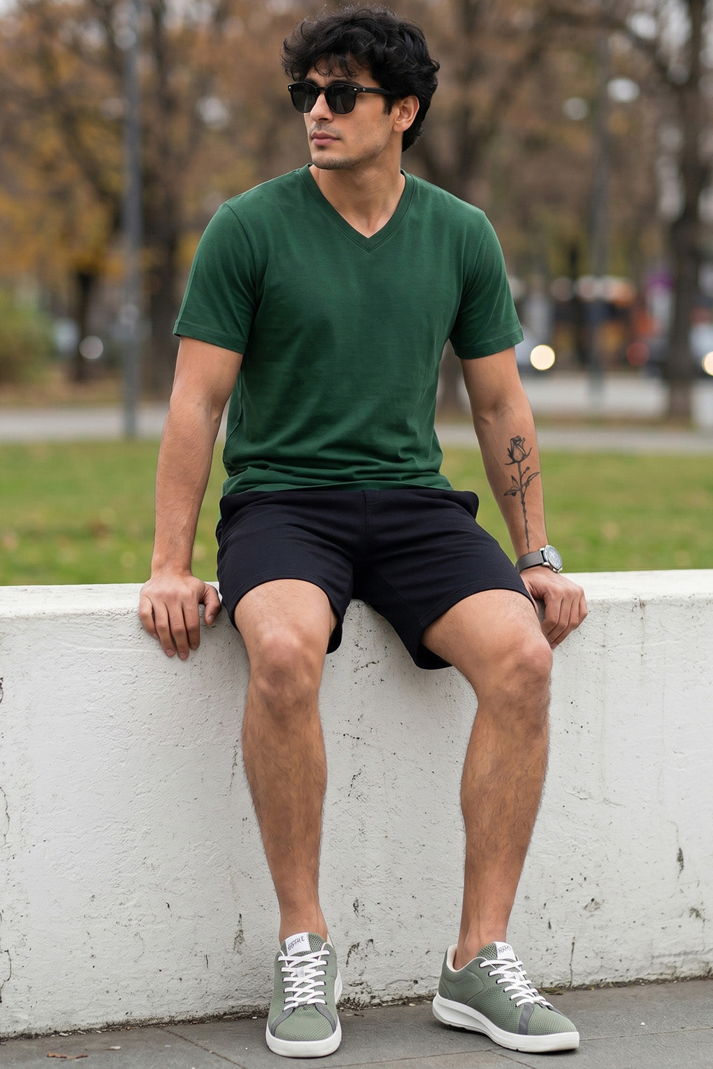 Green Plain V-Neck Regular Fit T-shirt