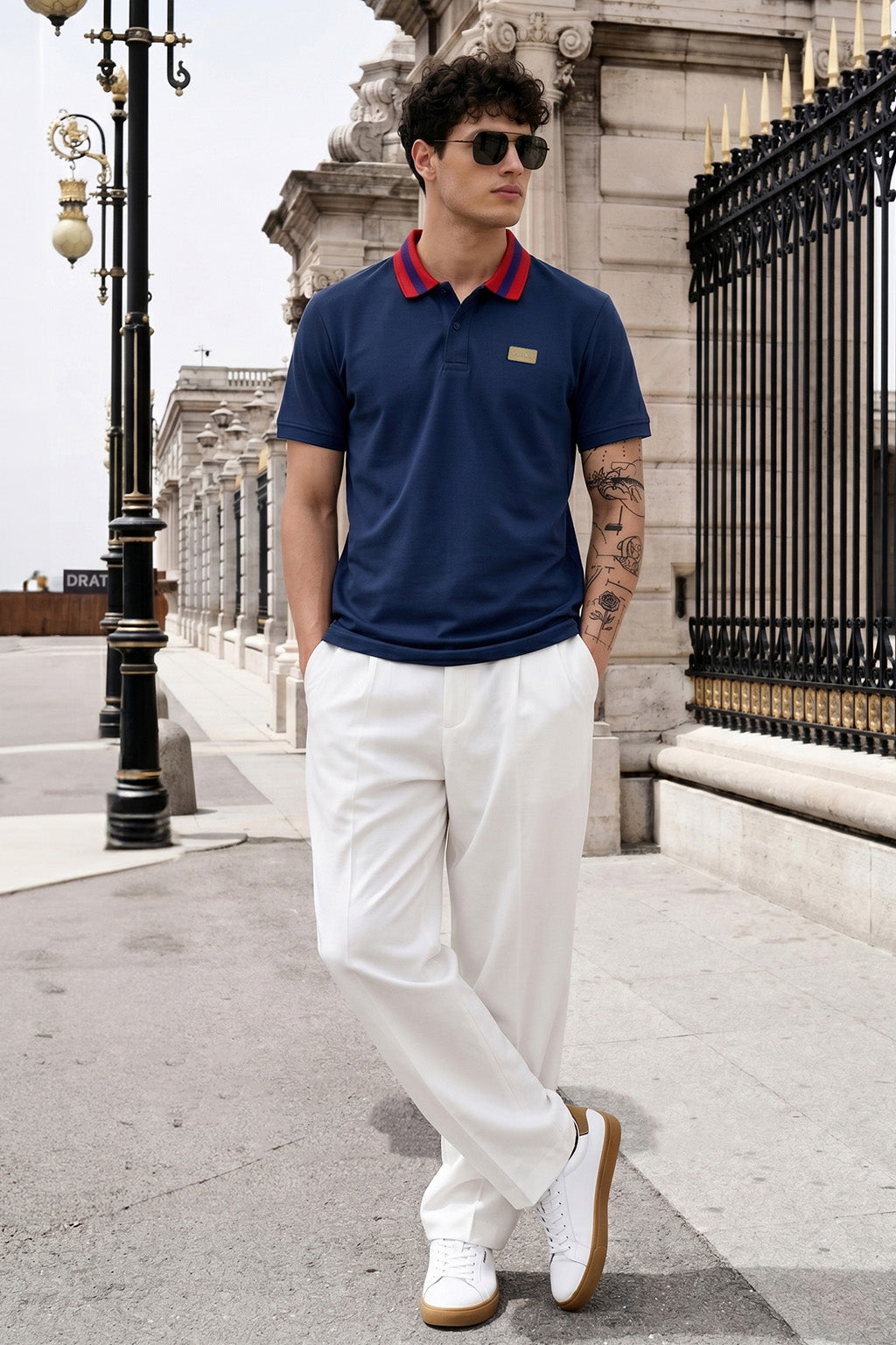Navy Contrast Collar Regular Fit Exclusive Pique Lycra Polo T-Shirt