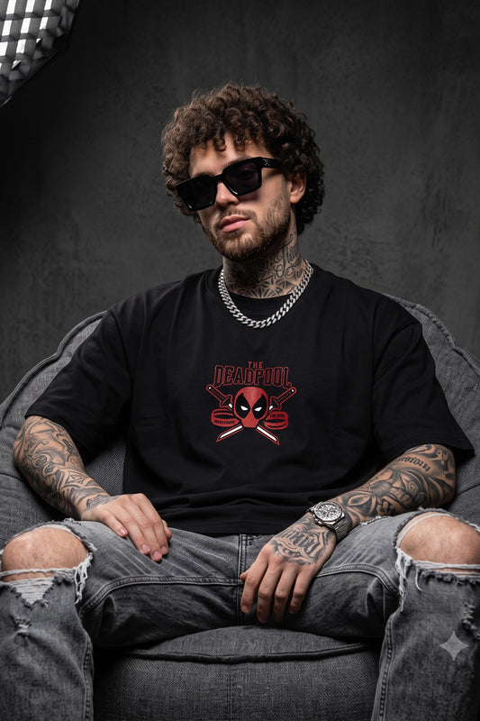 THE DEADPOOL ZED BLACK  FRONT AND  BACK PRINT T-SHIRT OVERSIZED ZED BLACK