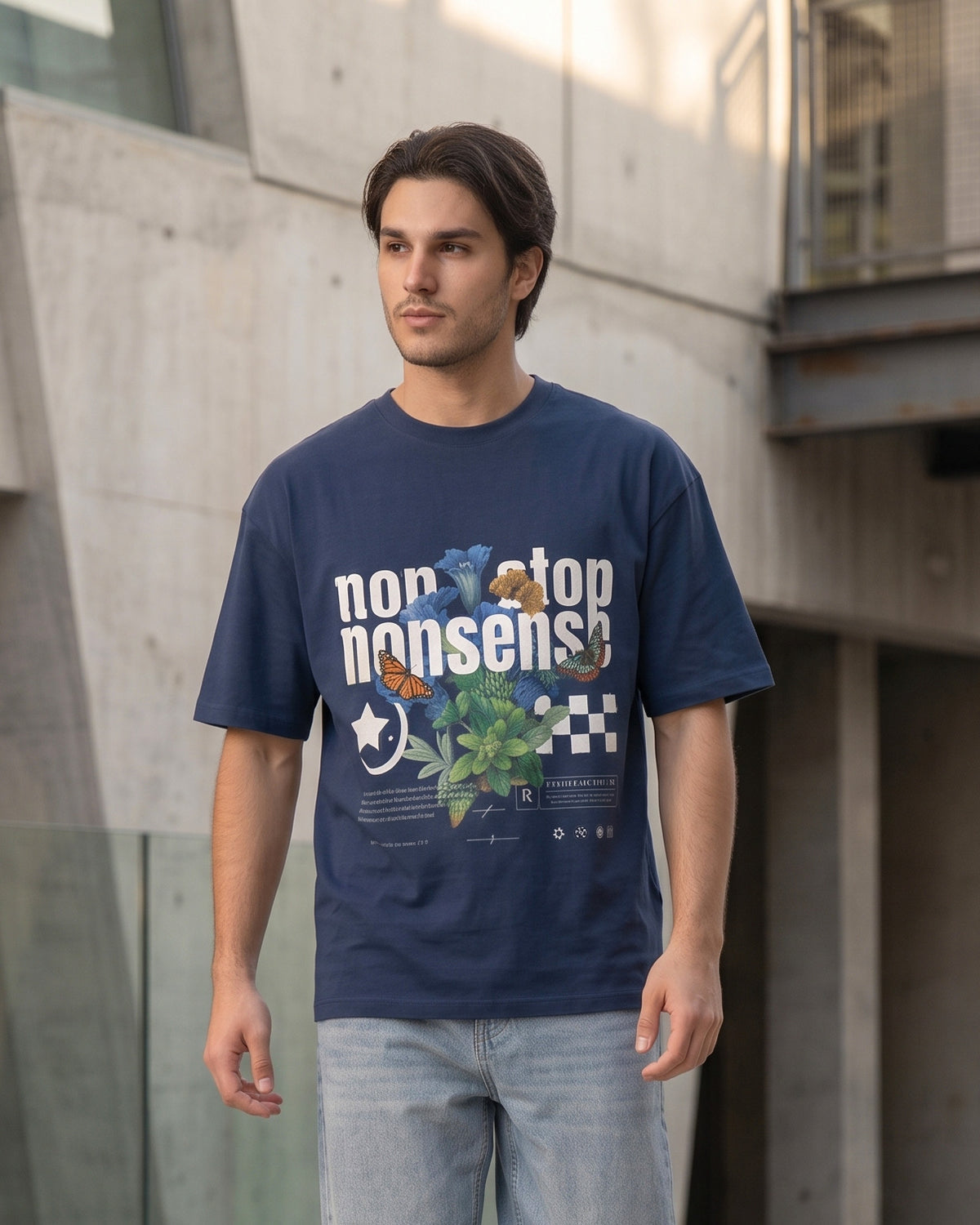 NON STOP NONSENSE Oversized  dark blue colour front print