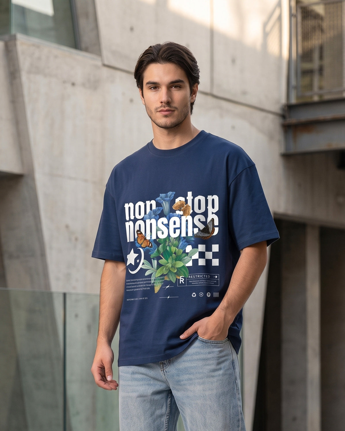 NON STOP NONSENSE Oversized  dark blue colour front print