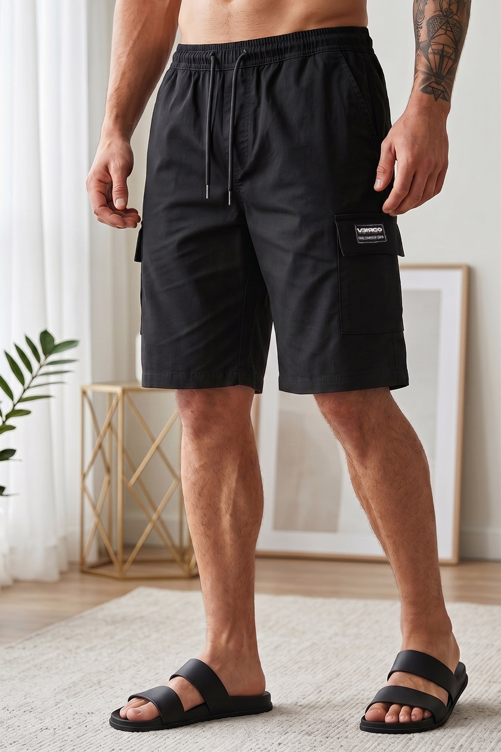 Veirdo Black Minimal Cargo Shorts with Drawstring