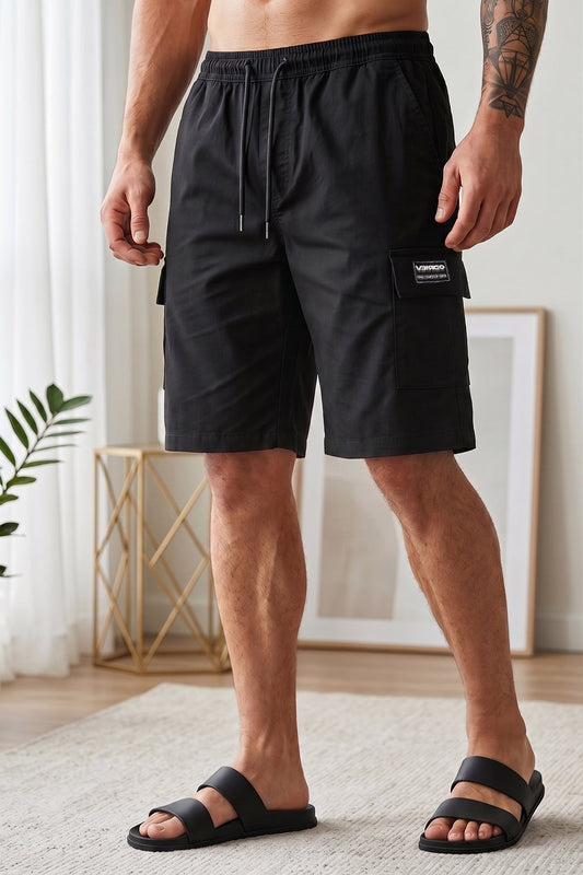 Veirdo Black Minimal Cargo Shorts with Drawstring