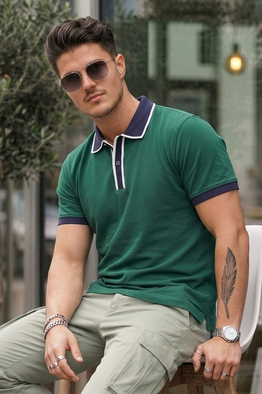 Green Tipped Regular Fit Exclusive Pique Lycra Polo T-Shirt