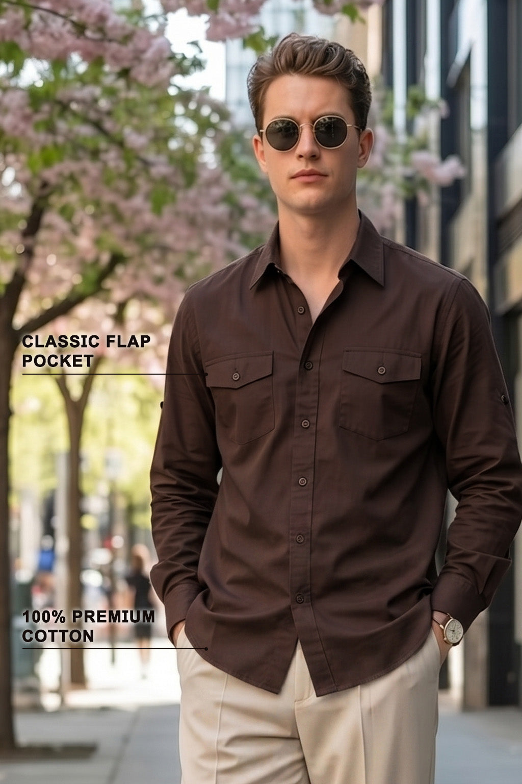 Chocolate Plain Relaxed Fit Full Sleeve Dual Pocket Utility Exclusive Shirt