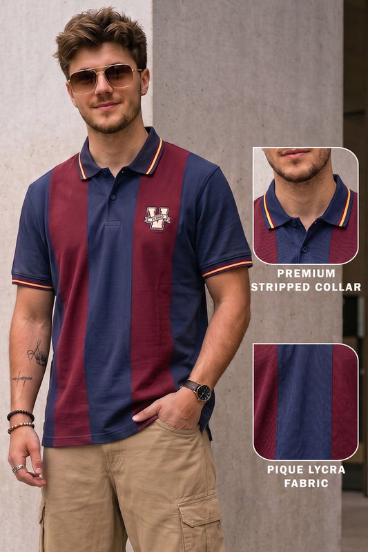 Navy Maroon Colorblock Regular Fit Exclusive Pique Lycra Polo T-Shirt