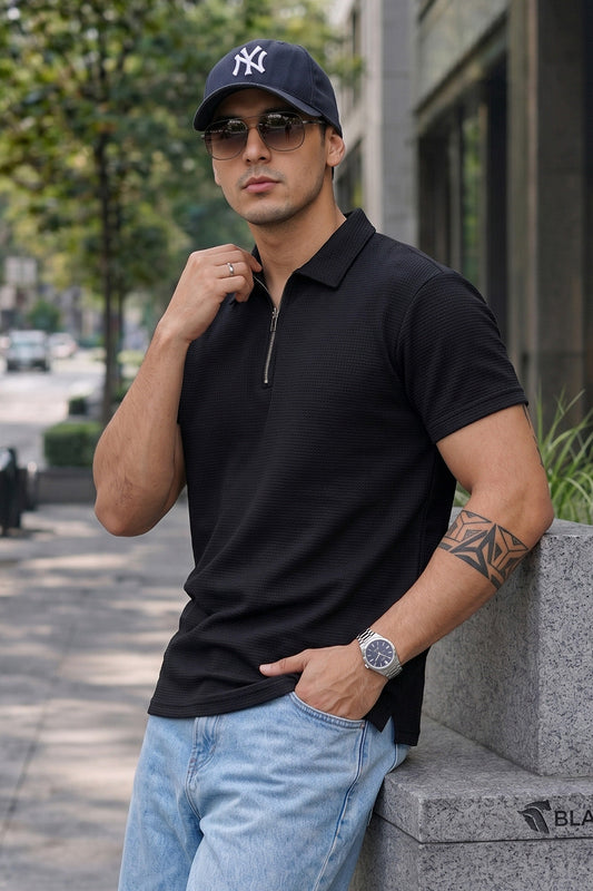Black Plain Fortec Exclusive Zipper Polo T-Shirt