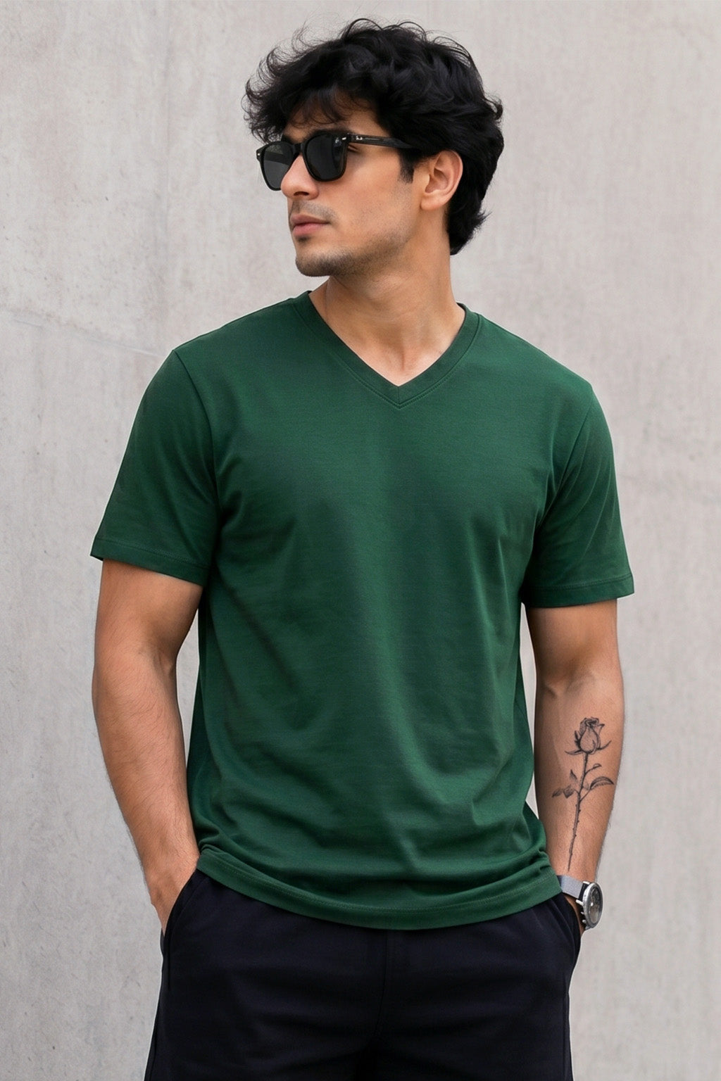Green Plain V-Neck Regular Fit T-shirt