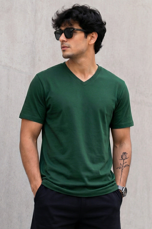 Green Plain V-Neck Regular Fit T-shirt