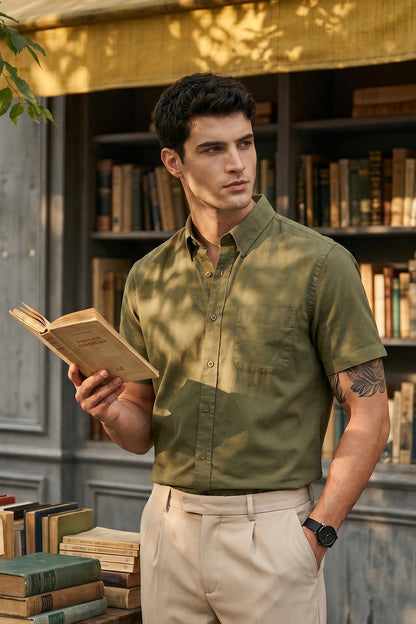 Olive Plain Regular Fit Half Sleeve Single Pocket Exclusive Shirt
