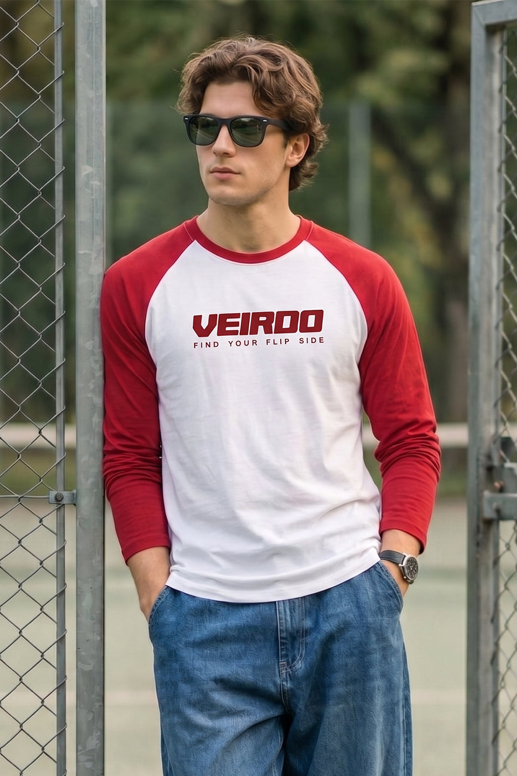 Veirdo White & Red Raglan Full Sleeve Printed T-shirt