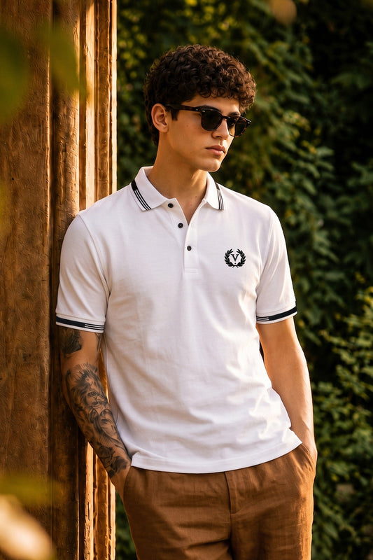 Imperial Crest Stripe Collar White Regular Fit Polo T-shirt