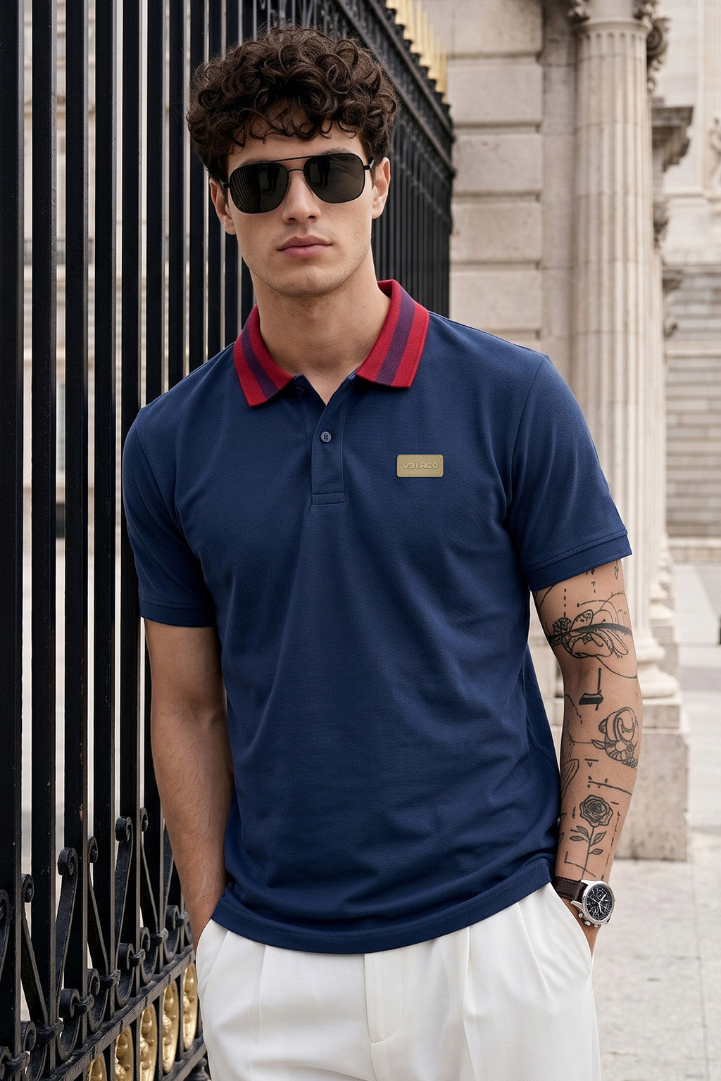 Navy Contrast Collar Regular Fit Exclusive Pique Lycra Polo T-Shirt