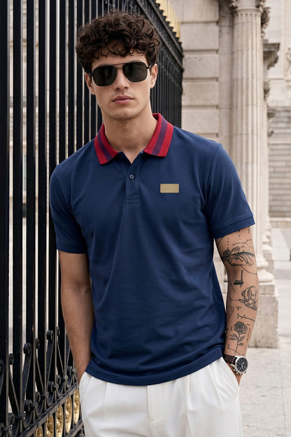 Navy Contrast Collar Regular Fit Exclusive Pique Lycra Polo T-Shirt