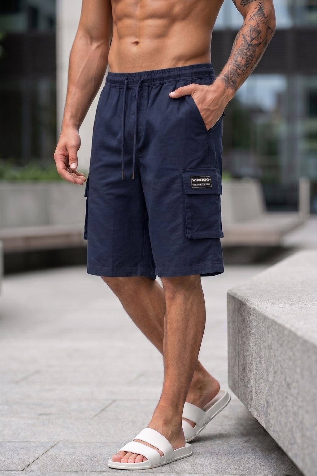 Veirdo Navy Minimal Cargo Shorts with Drawstring