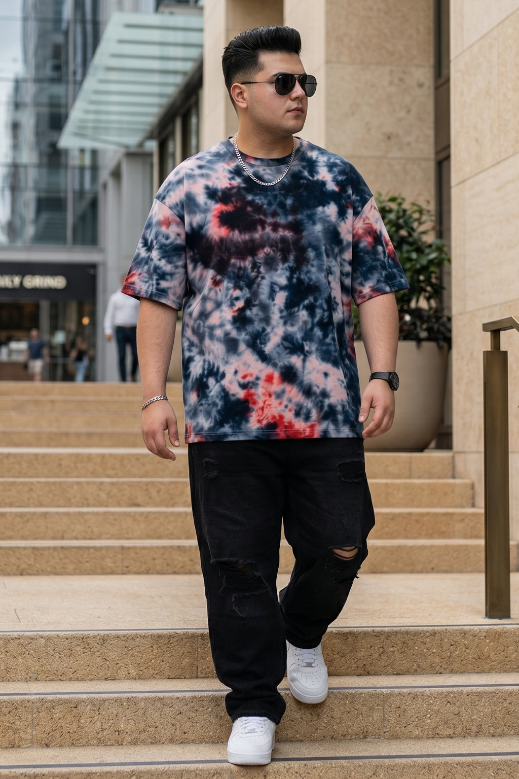 Rust Blue Tie-Die Printed Plus Size T-shirt