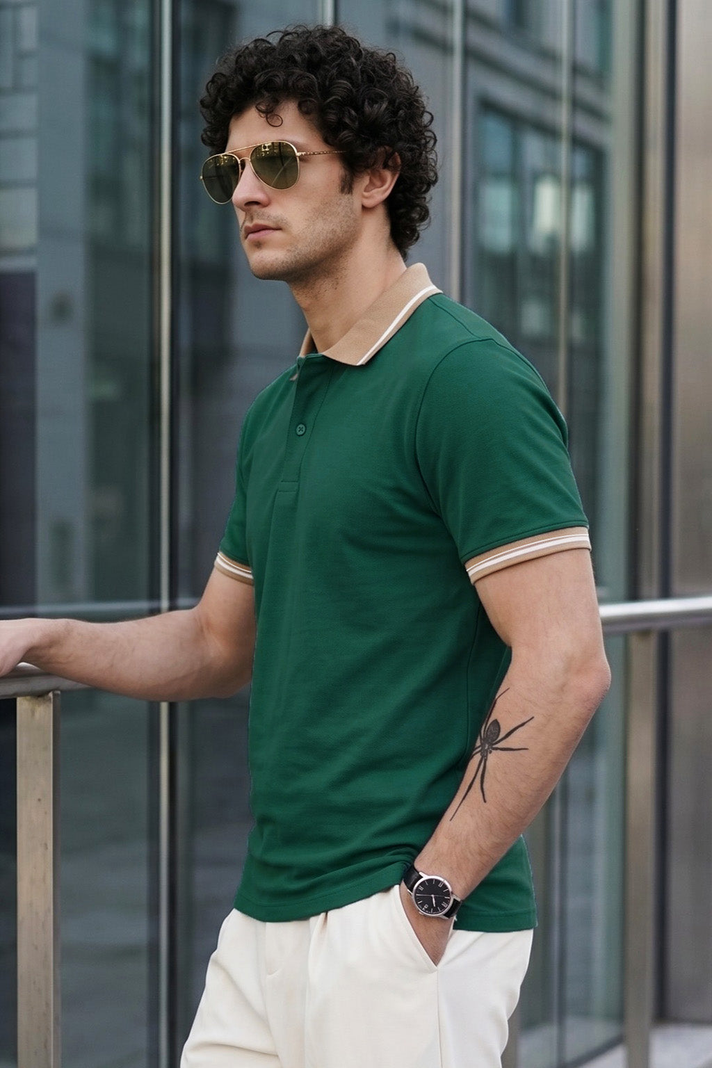 Green Pique Contrast Collar Regular Fit Tipping Polo T-shirt