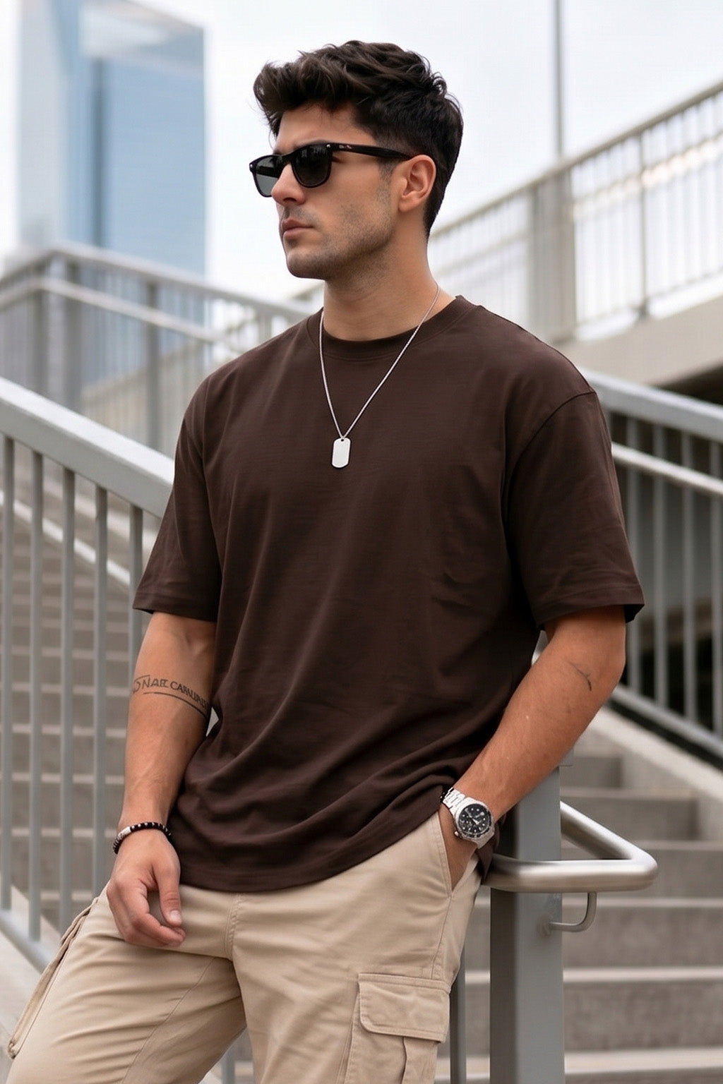 Brown Plain Regular Fit T-shirt