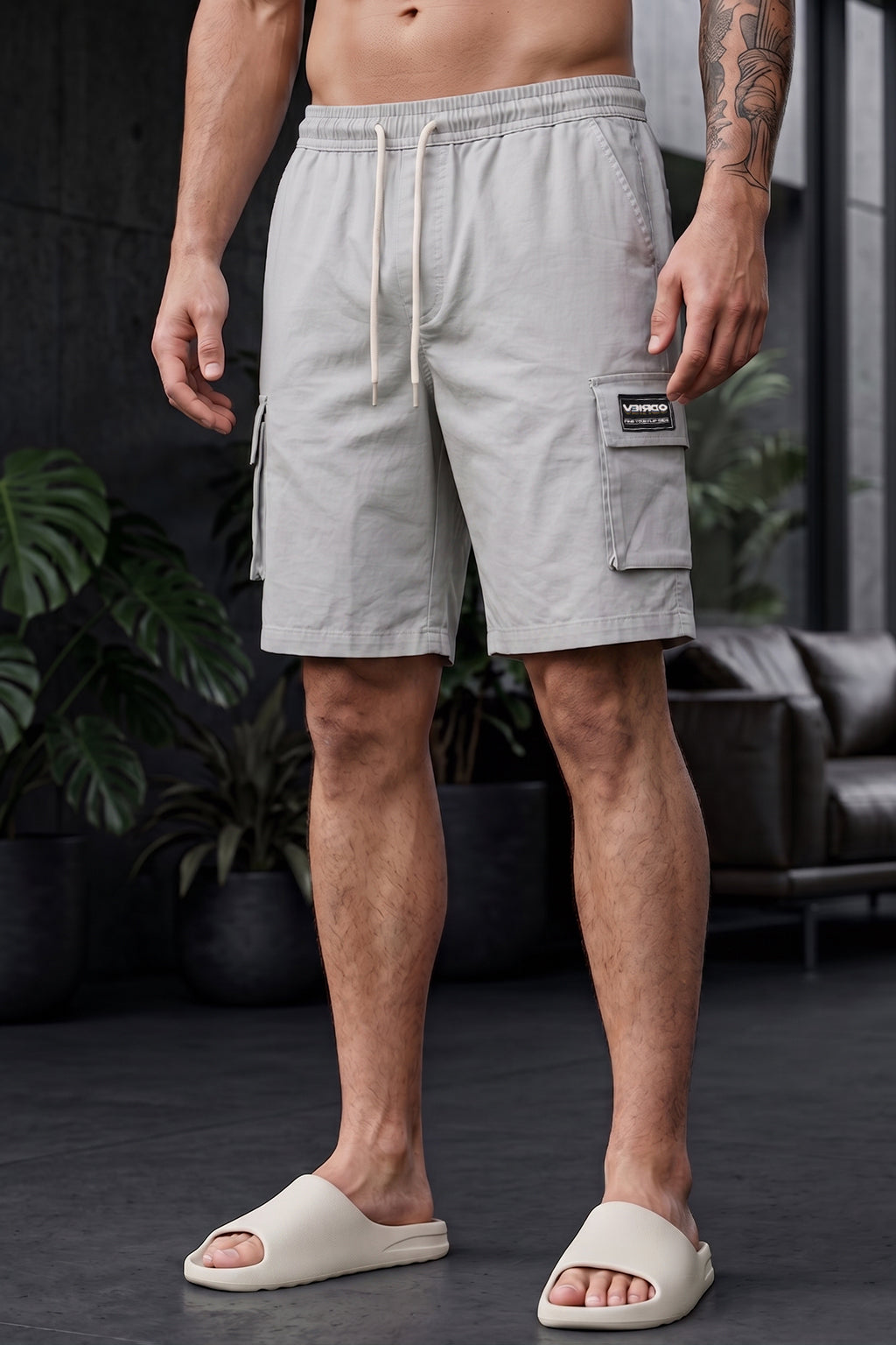 Veirdo Light Grey Minimal Cargo Shorts with Drawstring