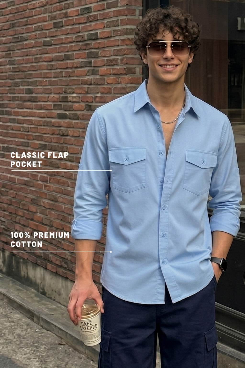 Sky Blue Plain Relaxed Fit Full Sleeve Dual Pocket Utility Exclusive Shirt