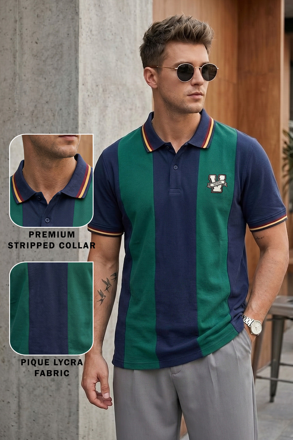 Navy Green Colorblock Regular Fit Exclusive Pique Lycra Polo T-Shirt