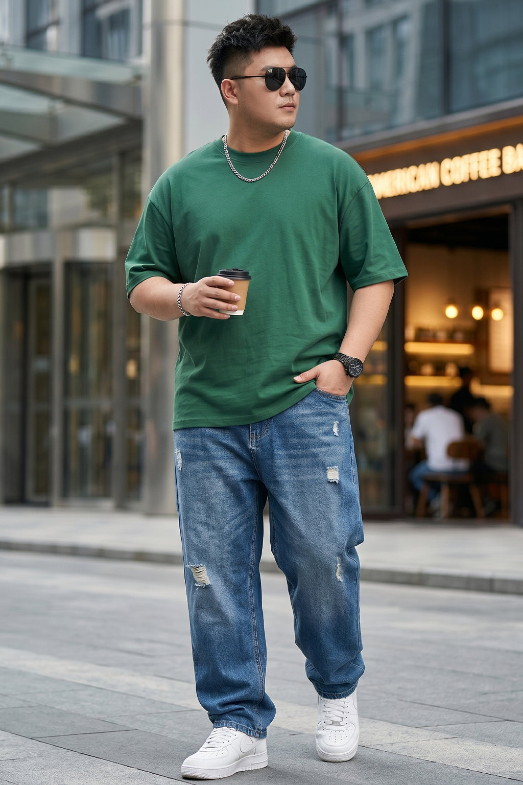 Dark Green Canal Plain Plus Size T-shirt