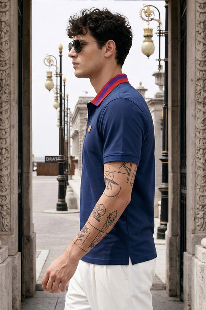 Navy Contrast Collar Regular Fit Exclusive Pique Lycra Polo T-Shirt