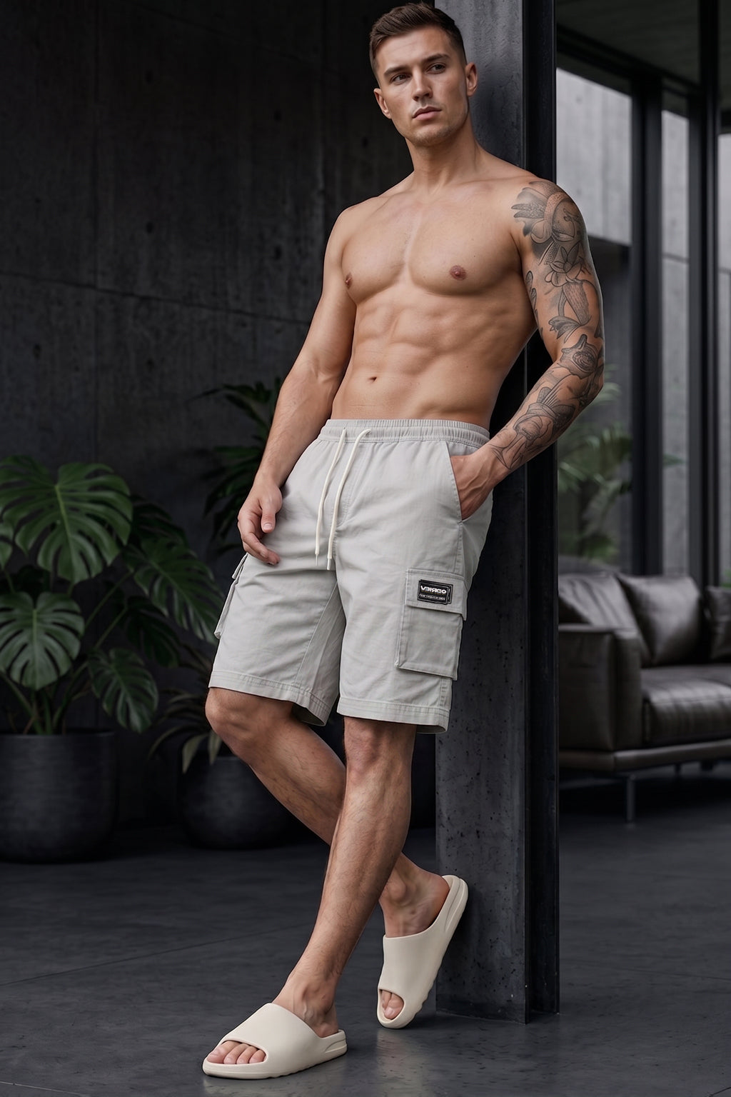 Veirdo Light Grey Minimal Cargo Shorts with Drawstring
