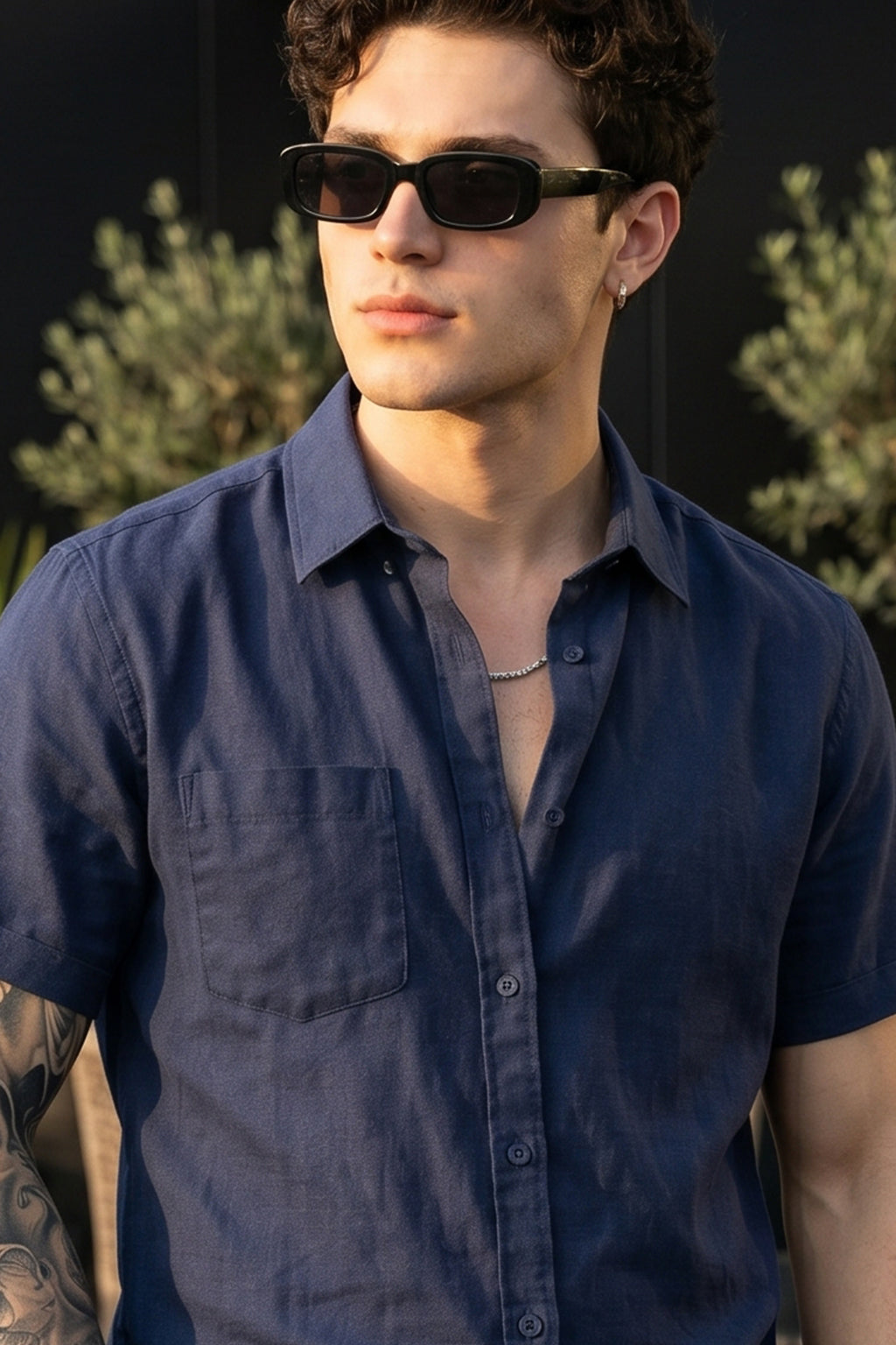 Navy Plain Regular Fit Half Sleeve Single Pocket Exclusive Shirt