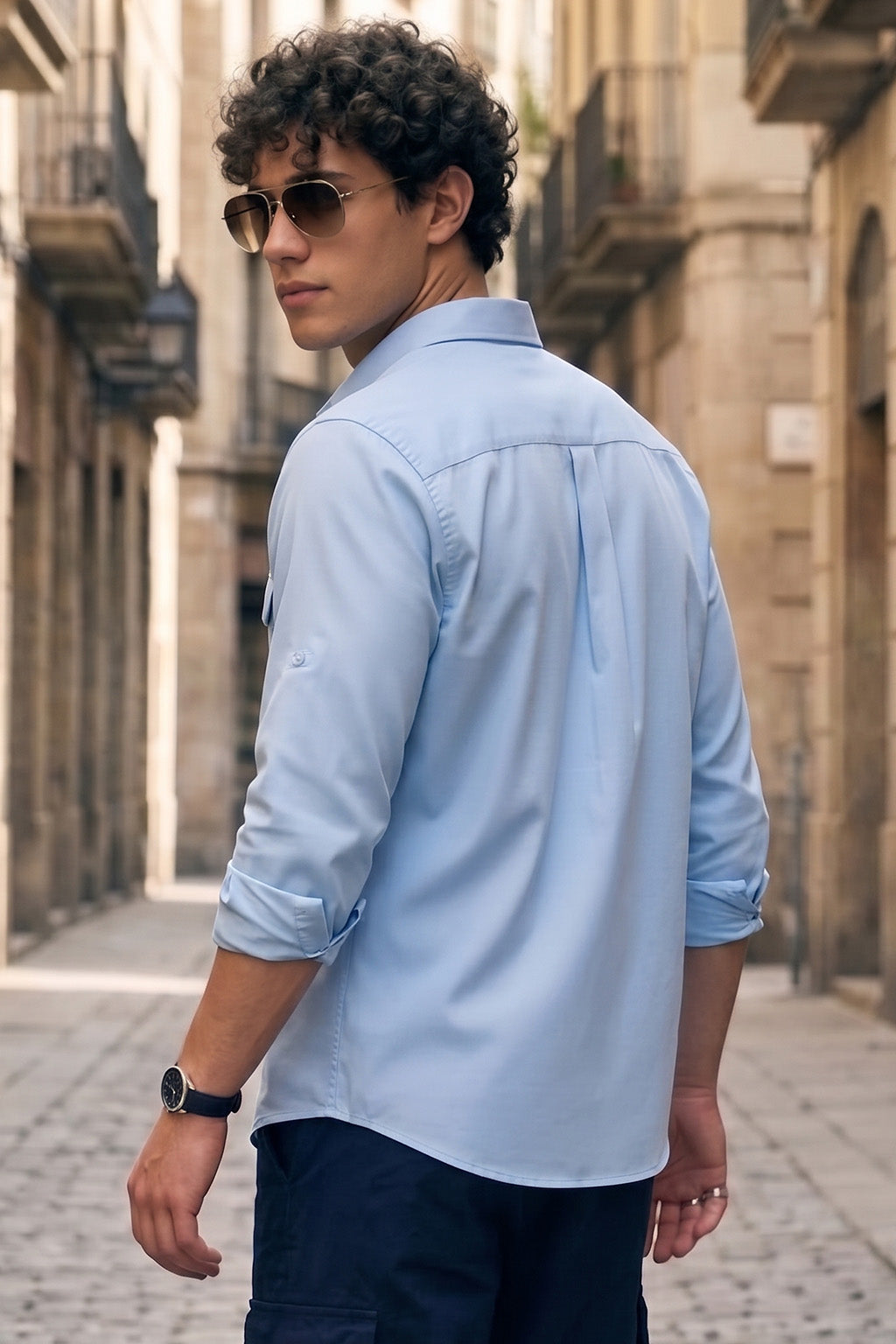 Sky Blue Plain Relaxed Fit Full Sleeve Dual Pocket Utility Exclusive Shirt