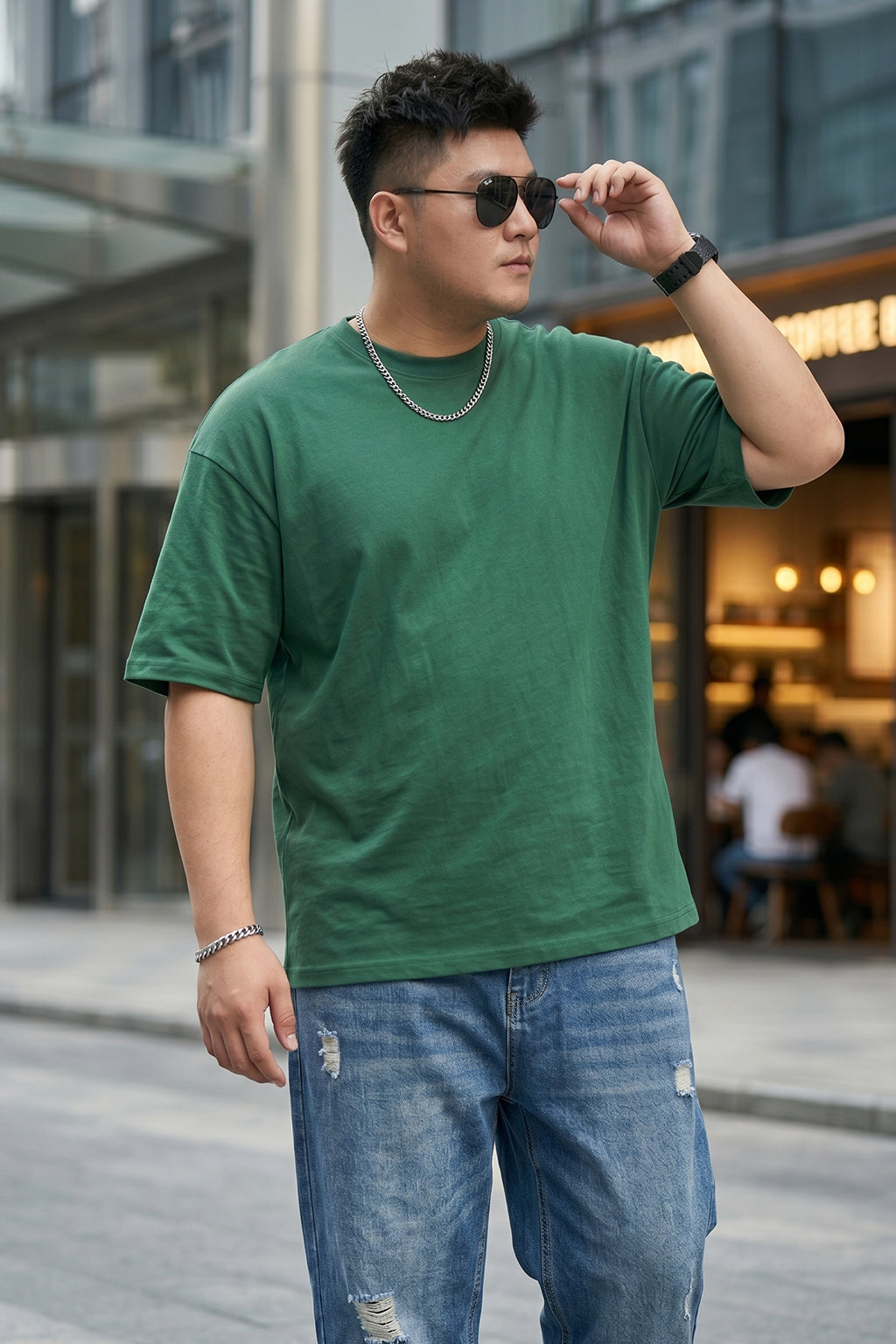 Dark Green Canal Plain Plus Size T-shirt