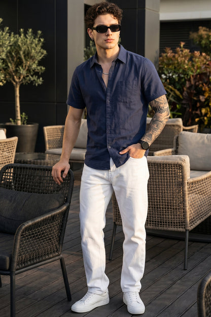 Navy Plain Regular Fit Half Sleeve Single Pocket Exclusive Shirt