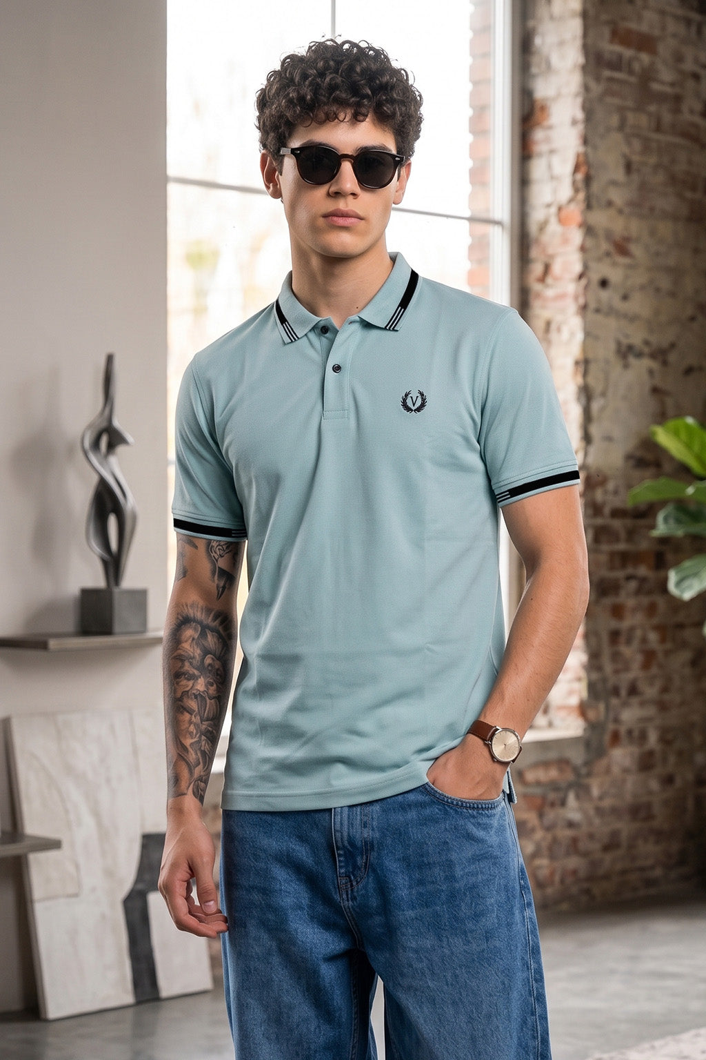 Imperial Crest Stripe Collar Light Blue Regular Fit Polo T-shirt