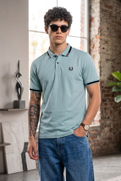Imperial Crest Stripe Collar Light Blue Regular Fit Polo T-shirt
