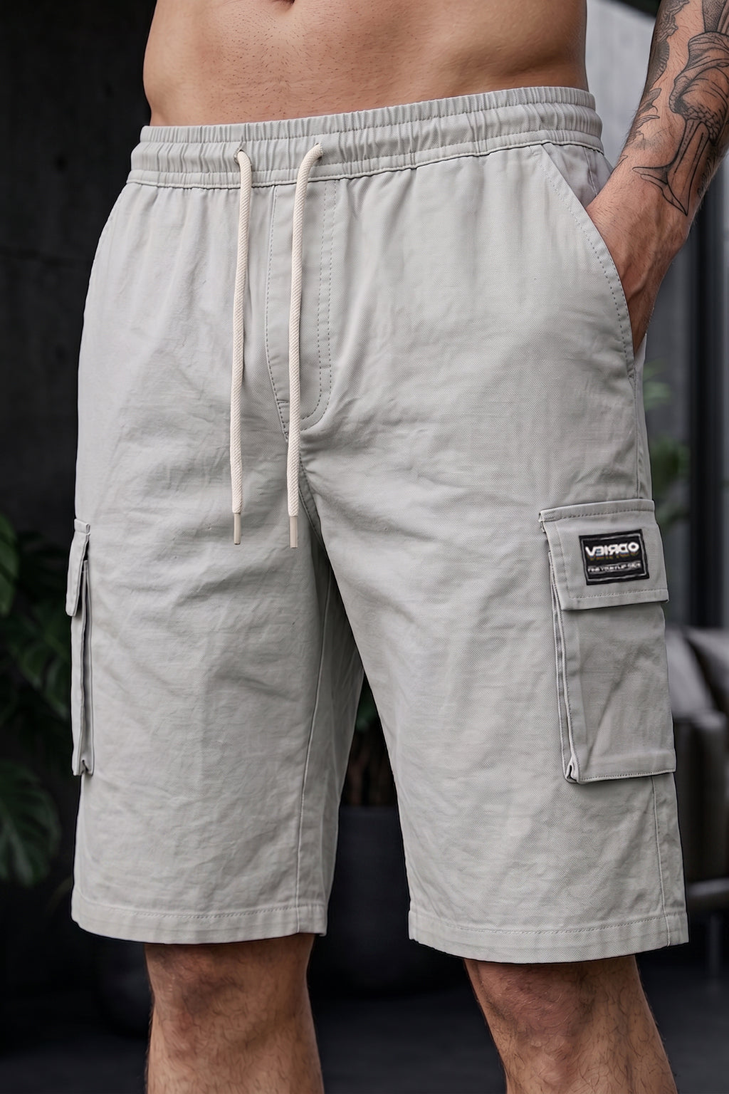 Veirdo Light Grey Minimal Cargo Shorts with Drawstring