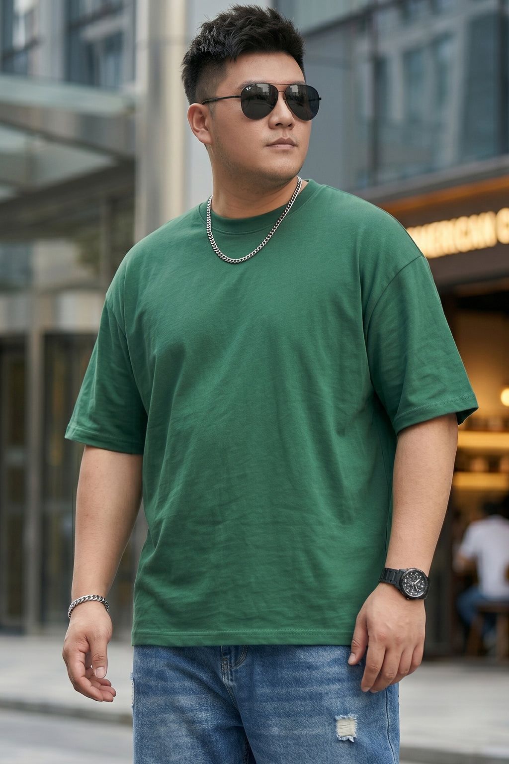 Dark Green Canal Plain Plus Size T-shirt