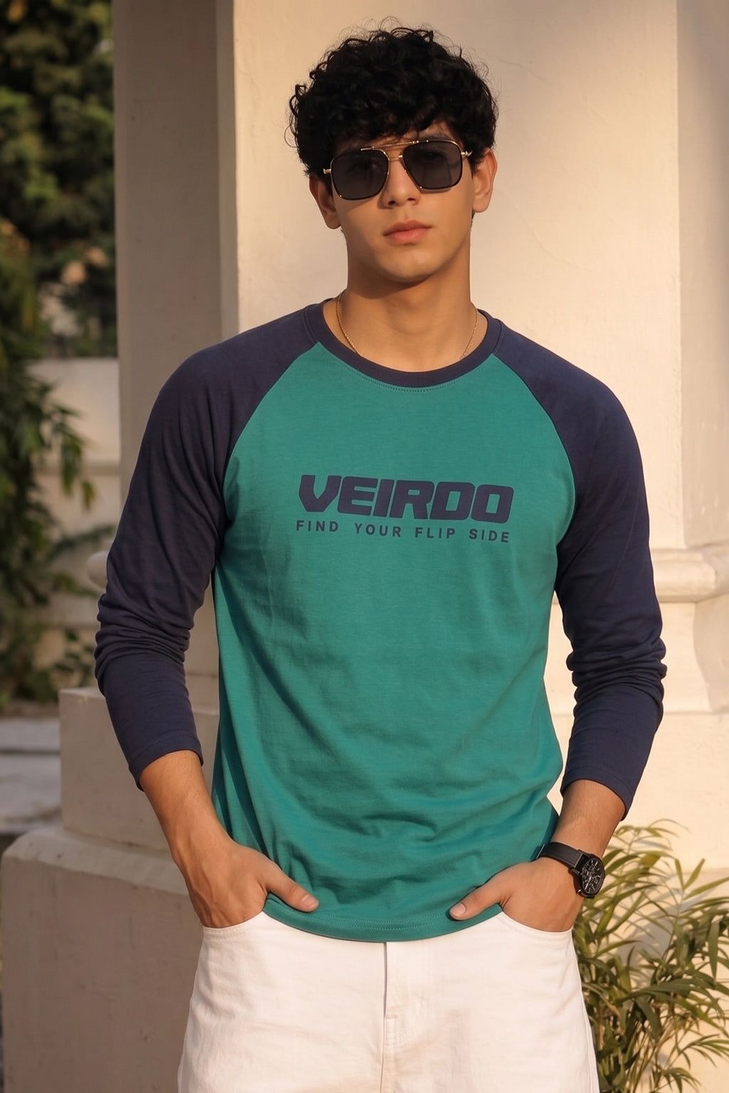 Veirdo Navy & Green Raglan Full Sleeve Printed T-shirt