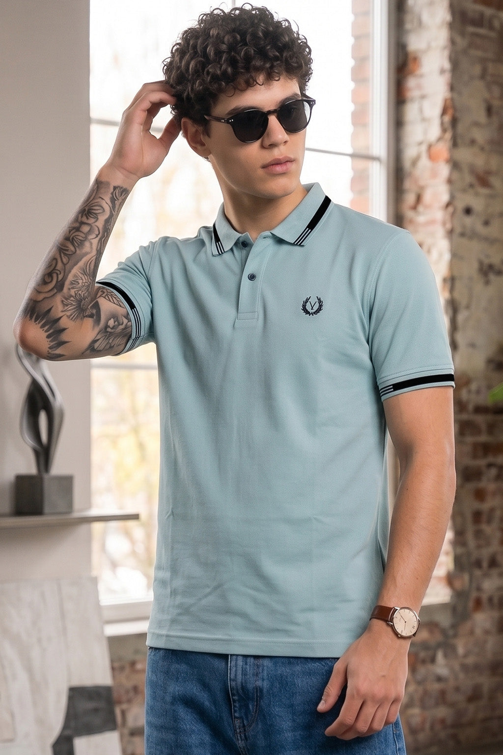 Imperial Crest Stripe Collar Light Blue Regular Fit Polo T-shirt