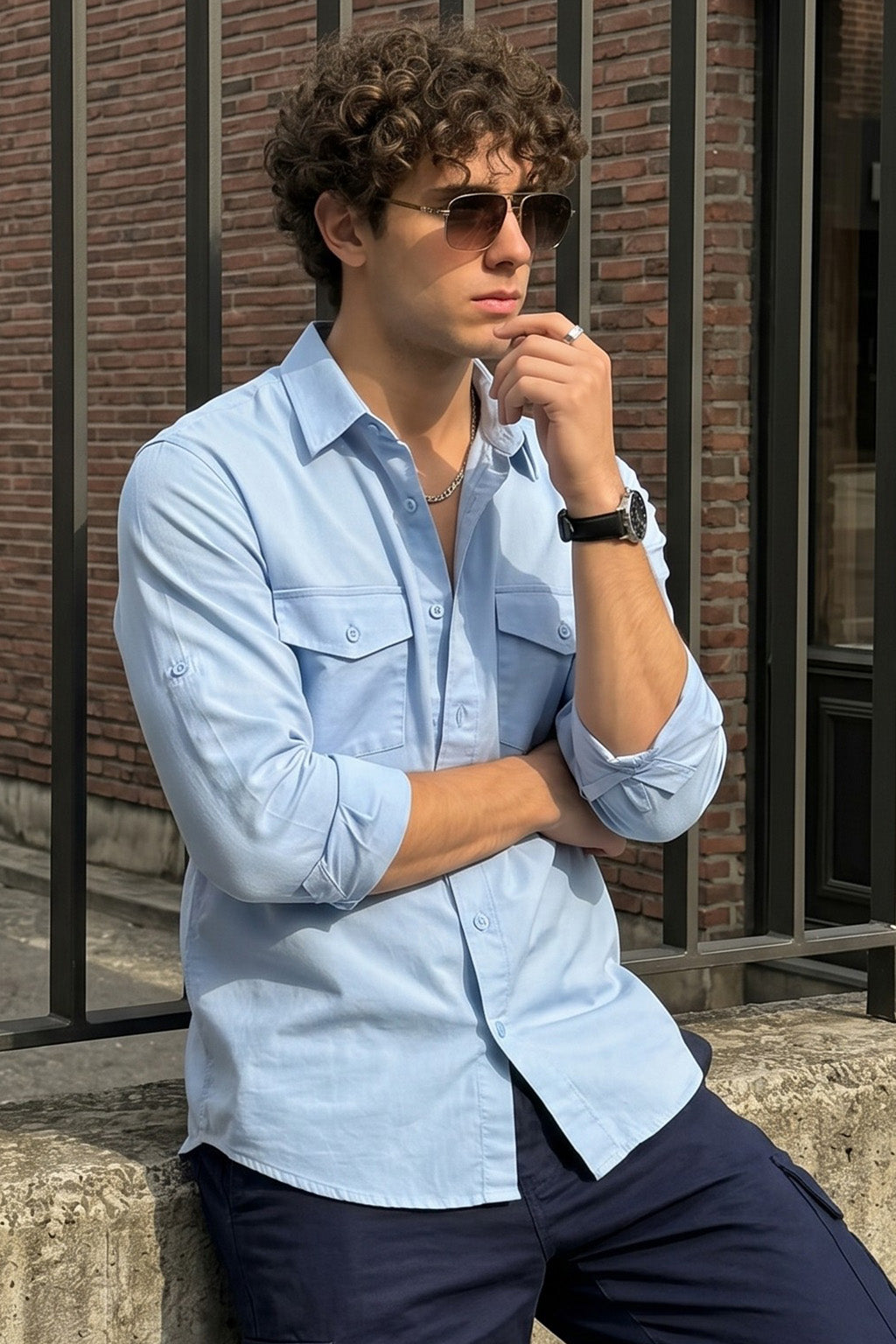 Sky Blue Plain Relaxed Fit Full Sleeve Dual Pocket Utility Exclusive Shirt