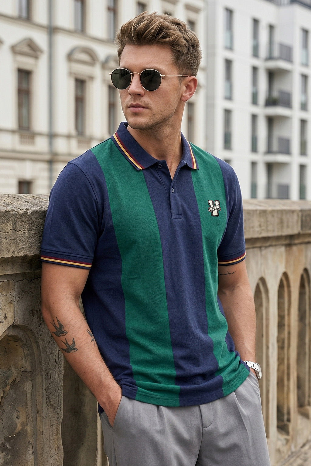 Navy Green Colorblock Regular Fit Exclusive Pique Lycra Polo T-Shirt