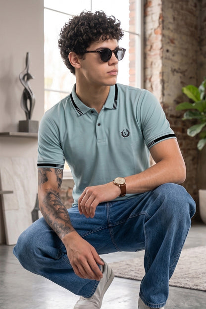 Imperial Crest Stripe Collar Light Blue Regular Fit Polo T-shirt