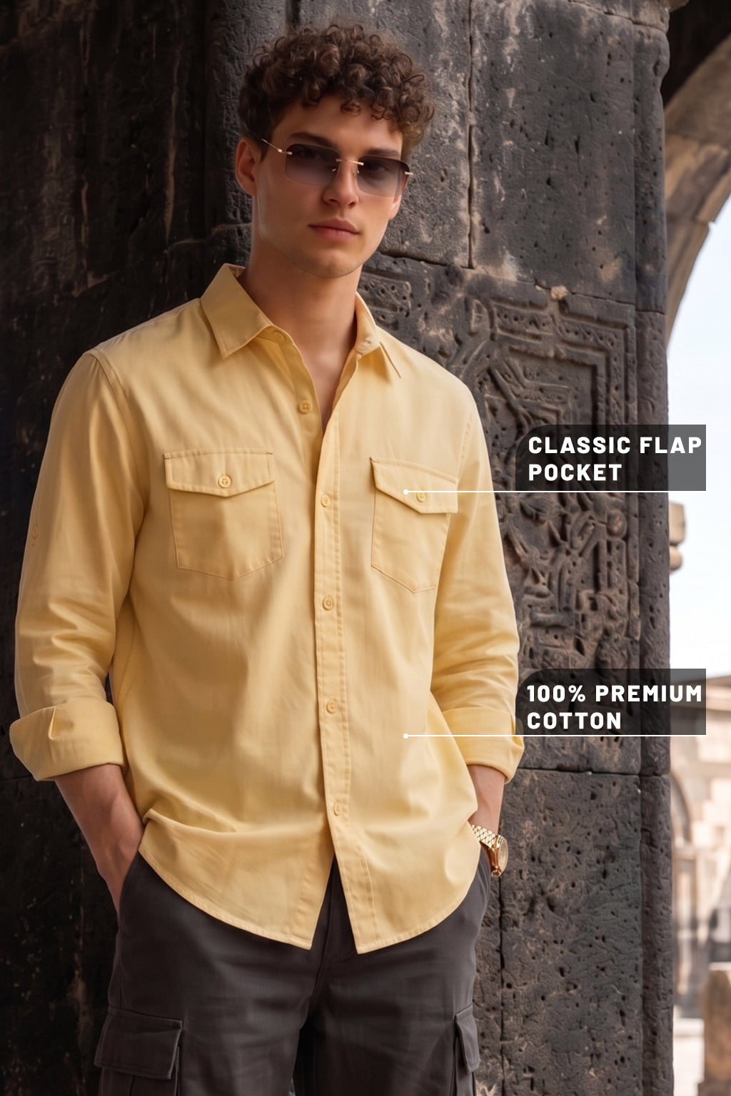 Double Cream Plain Relaxed Fit Full Sleeve Dual Pocket Utility Exclusive Shirt